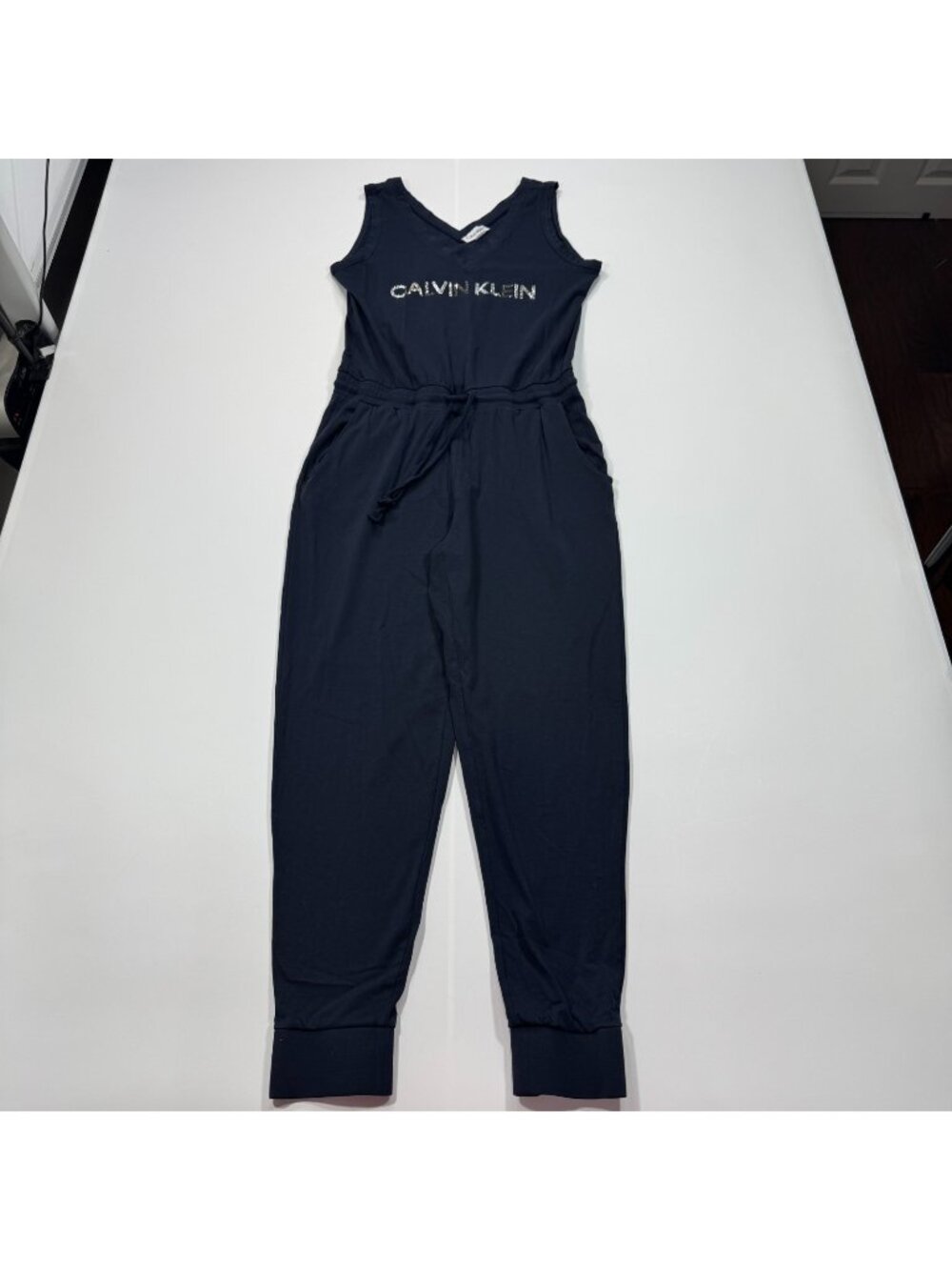 Calvin Klein One-Piece Women's S Blue Cotton Jumpsuit Drawstring Tapered Stretch